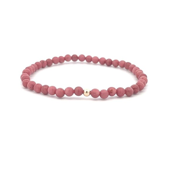 Rhodonite Gemstone Beaded Stretch Bracelet 14K Gold Accent Bead Handmade - Picture 1 of 8